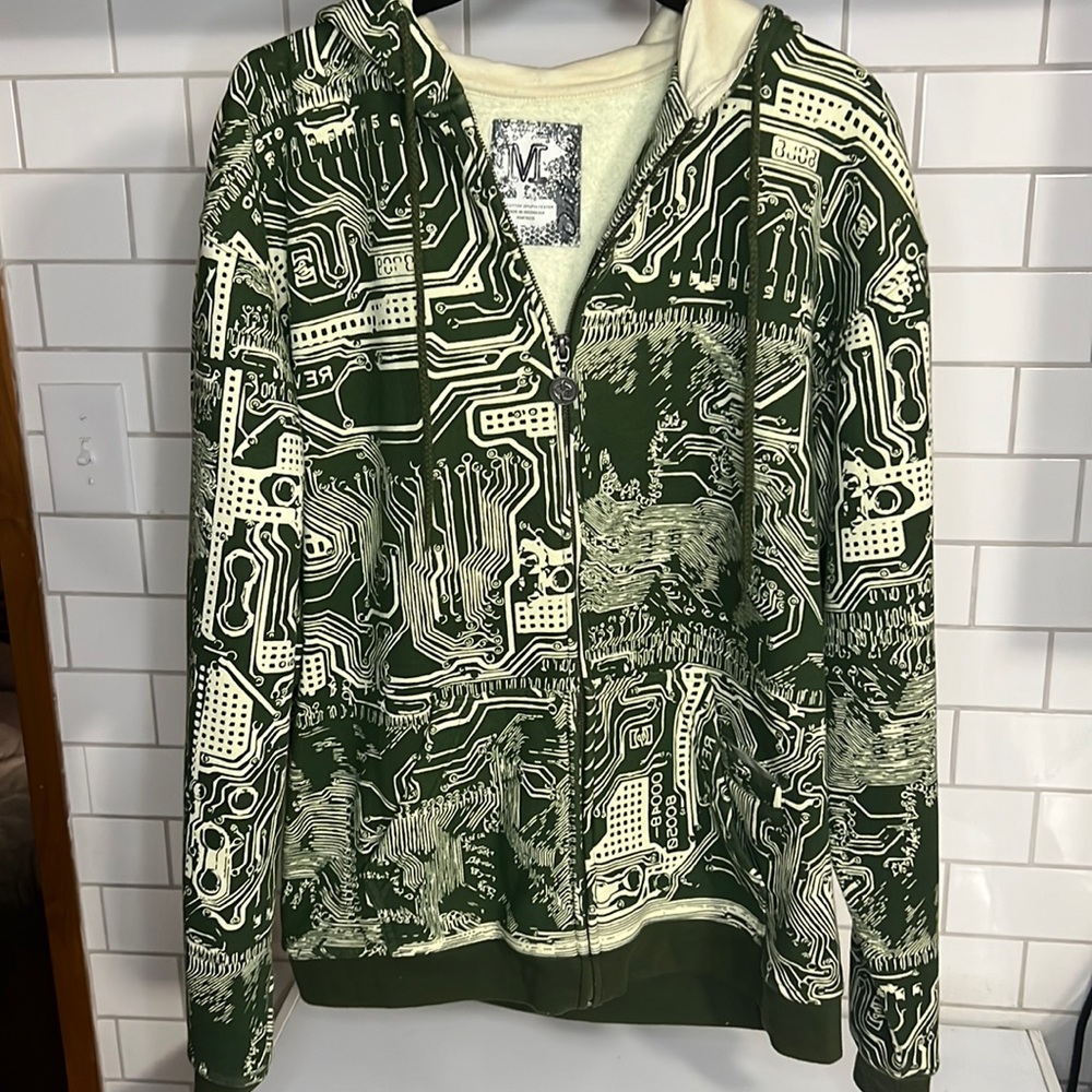 Outlooks Artistic Zip Up Jacket Coat. Green and Cream Design Pattern. Sz M.